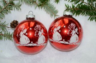 2 Vtg Shiny Brite Xmas Ornaments Stencil Child Angels Red Mercury Glass 2.  5 " (13