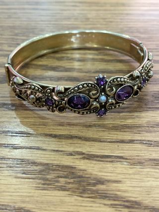 Vintage Avon Bangle Bracelet With Paste Amethyst,  Seed Pearl,  And Etched Floral