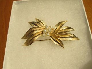 Vintage Trifari Faux Pearl And Gold Tone Leaf Brooch