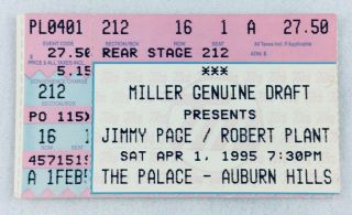 1995 10/15 Jimmy Page / Robert Plant Concert Ticket Stub - The Palace,  Auburn Hills