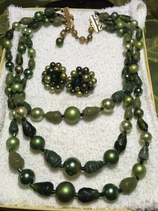 Vintage Green Mixed Glass &plastic Beaded Signed Japan Necklace & Earring Set