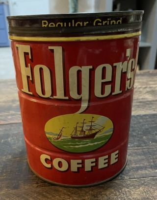 Vintage Folgers Coffee Can Tin 1952 With Lid 2 Lbs Ships Yellow Flowers