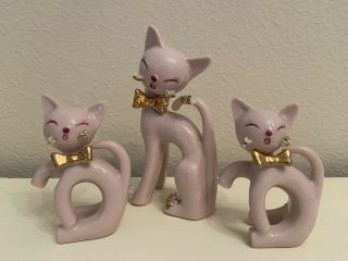Vintage Japan Pink Ceramic Spaghetti Trim Gold Bow Kitty Cats Set Mcm