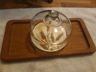 Vintage GOODWOOD Cheese TRAY CUTTING BOARD Glass DOME TEAK WOOD WHEAT MOTIF VGC 3