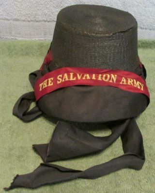 Vtg Salvation Army Ladies Straw Bonnet Hat Collectible Black W/red Look