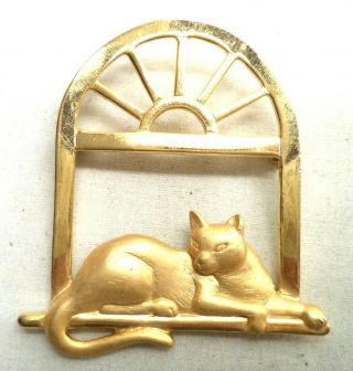 Stunning Vintage Estate Signed Jj Gold Tone Cat In Window 2 1/4 " Brooch 3881z