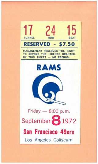 San Francisco 49ers At Los Angeles Rams 9 - 8 - 1972 Nfl Ticket Topps Deacon Jones