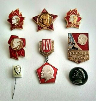 Lenin Vintage Set Of 9 Soviet Russian Ussr Pins Badges