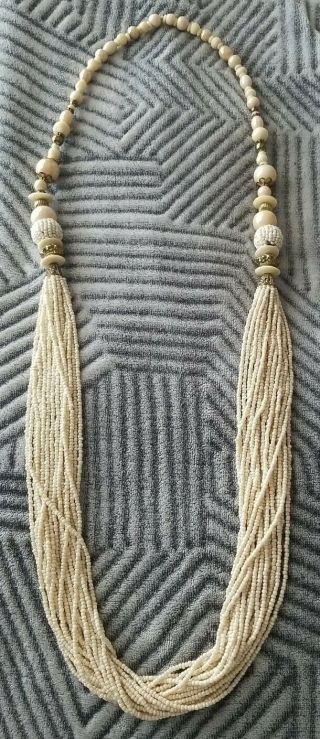 Vintage 40 " Seed Bead Necklace Multi Strand Cream Colored