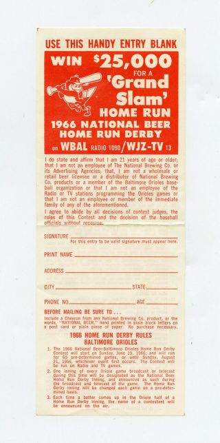 1966 Baltimore Orioles / National Beer Home Run Derby Entry Blank