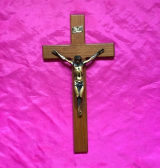 Antique Vintage Wall Wood 15 " Cross Crucifix Brass Jesus Corpus -