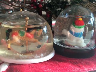 VINTAGE Christmas Plastic Snow Globe Snow Dome Snowman And Carousel Horse 2