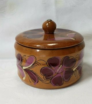 Vintage Hand Painted Wood Round Trinket Box Purple Flowers 4 " X 3.  5 "