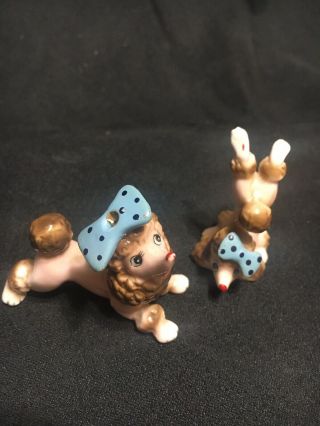 Vintage Mid Century Japan Porcelain Poodle Miniature Figurine Polka Dot Blue Bow