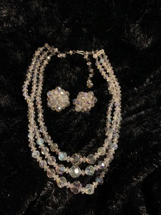 Vintage 3 Strand Aurora Borealis Crystal Beaded Bib Necklace And Earrings Set