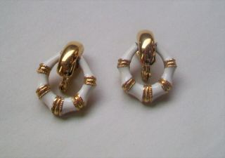 Vintage Monet - Gold Tone And White Enamel - Door Knocker Style Clip Earrings