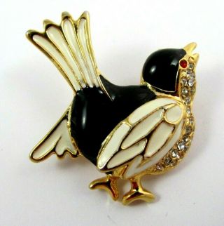 Vintage Black & Cream Enamel & Rhinestone Bird Brooch Pin Mystery Mark