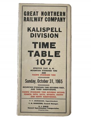Vintage Great Northern Railway Co Train 107 Time Table - Oct 31 1965 - Kalispell