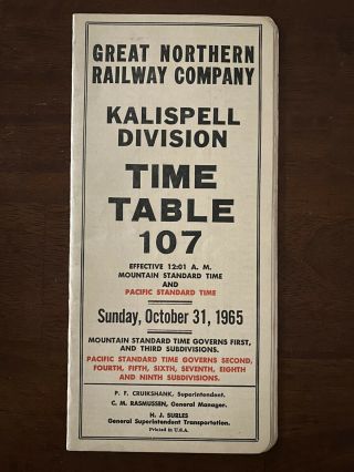 Vintage Great Northern Railway Co Train 107 Time Table - Oct 31 1965 - Kalispell 2