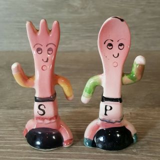 Vintage Fork And Spoon Anthropomorphic Salt & Pepper Shakers 3.  5 " Made In Japan