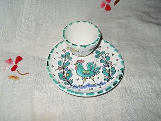 Italian Style Vintage Egg Cup Holder With Attached Dish Rooster Pattern Ceramic