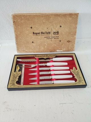 Vintage Regent Sheffield English Stainless Steel Steak Knife 6 Piece Boxed Set