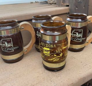 Set Of 4 Vintage Siesta Ware Amber Glass Arizona Themed Beer Mugs