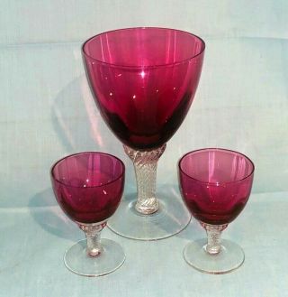 Three (3) Vintage Hand Blown Cranberry Goblets With Twisted Clear Stems 6 & 3 In
