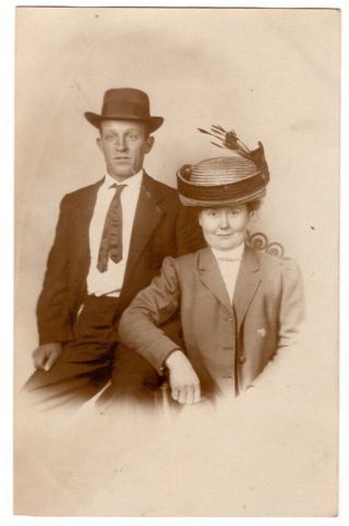 091420 Vintage Rppc Real Photo Postcard Man With Woman In Big Hat W/ Feather