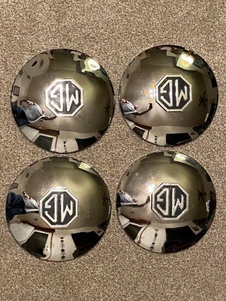 Set Of 4 Vintage Mg Chrome Hubcaps With Center Raised Emblems