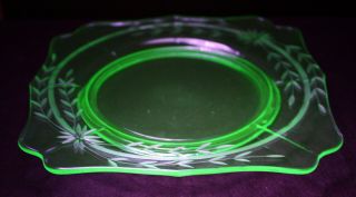 Vintage Green Uranium Glass 7 - 3/8 " Plate Etched Floral Scalloped Rim