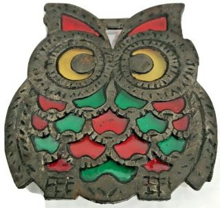 Vintage Cast Iron Owl Trivet With Stain Glass Yellow,  Red & Green