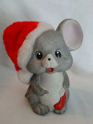Vintage Christmas Light Up Ceramic Mouse With Santa Hat 6 "