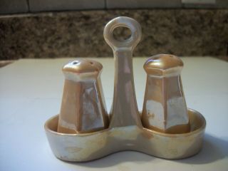 Vintage Lusterware Salt And Pepper Shakers With Holder Made In Japan