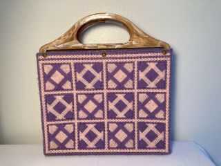 Vintage Needlepoint Geometric Pink Purple Yarn Plastic Handles Tote Bag Purse