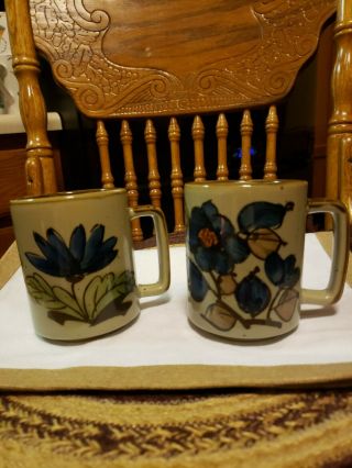 2 Vintage 70s Otagiri Style Japan Speckled Stoneware Blue Floral Coffee Cup Mug