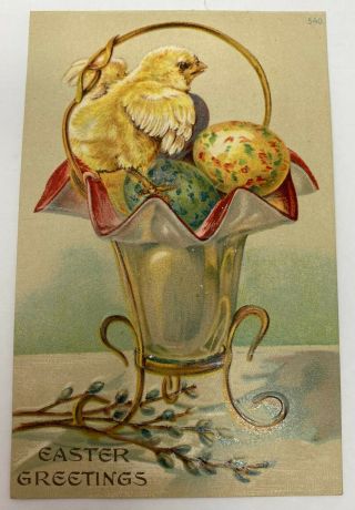 Vintage Easter Greetings Baby Chick In Basket 540 Embossed Postcard