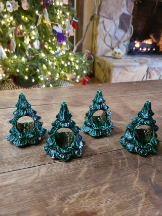 Vintage Set Of 4 Napkin Rings Christmas Tree Ceramic Mold Table Decor 3.  5 "