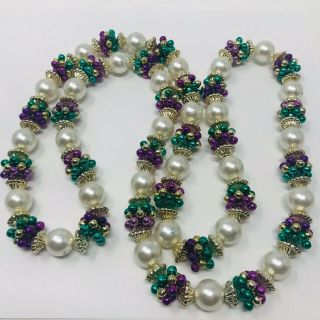 Vintage Necklace Mardi Gras Style Plastic Beaded Costume Jewelry Retro 40”