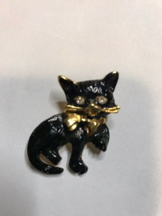 Vintage Black Enamel Gold Tone Rhinestone Kitty Cat Pin Brooch