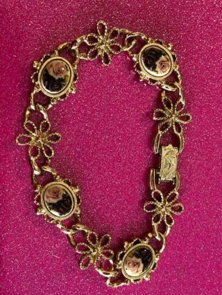 Vintage Gold Tone Bracelet With Flowers And Pink And Burgundy Roses 7 1/4 "