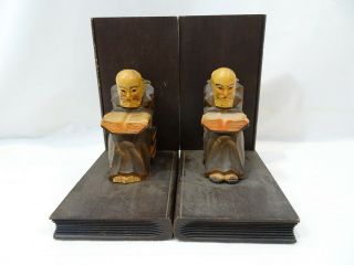 Carved Wooden Bookends Vintage Monks Reading Religious Priests Unique
