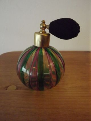 Vintage Perfume Bottle With Atomizer Pink Green Clear Glass 5 " Tall