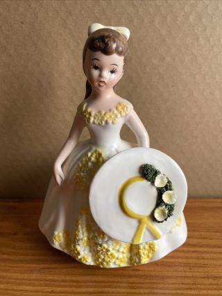 Vintage Lefton Girl With Hat Planter 3138 White Dress W/ Yellow Flowers Japan