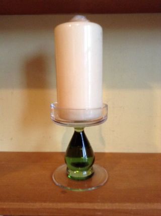Vintage Green Pedestal Glass Pillar Candle Holder With Candle