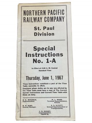 Vintage Northern Pacific Railway - St Paul - Special Instructions - June 1 1967