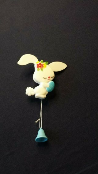 Vtg Easter Pin / Brooch Bunny Rabbit W/ Egg Pull String Movement Hard Plastic