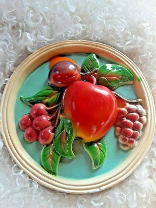 Round Chalkware Vintage Plaque Fruit Apple Plum Cherry Wall Hanging Kitchen 3d