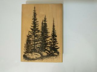 Rubber Stamp Wood Mount 4.  5 " X 3.  25 " Stampscapes Pine Trees & Rocks 195g Vtg