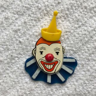 Vintage Plastic Clown Fridge Magnet Pointy Yellow Hat Blue Ruff Collar